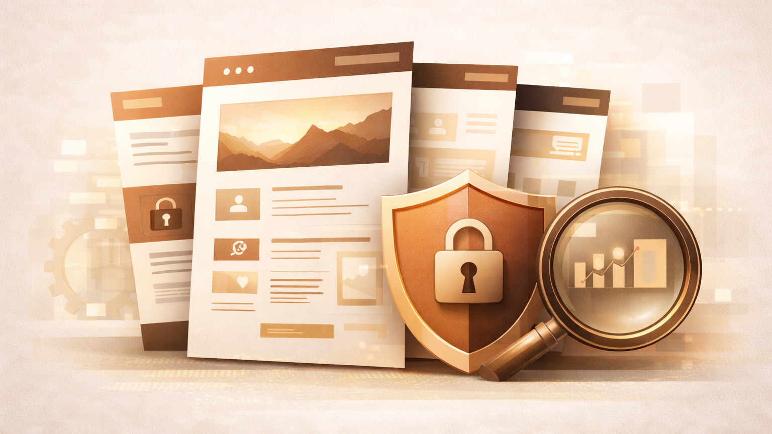webdesign-business Illustration einer strukturierten Business-Website mit mehreren Seiten, Sicherheits- und Analyse-Elementen in Braun- und Kupfertönen