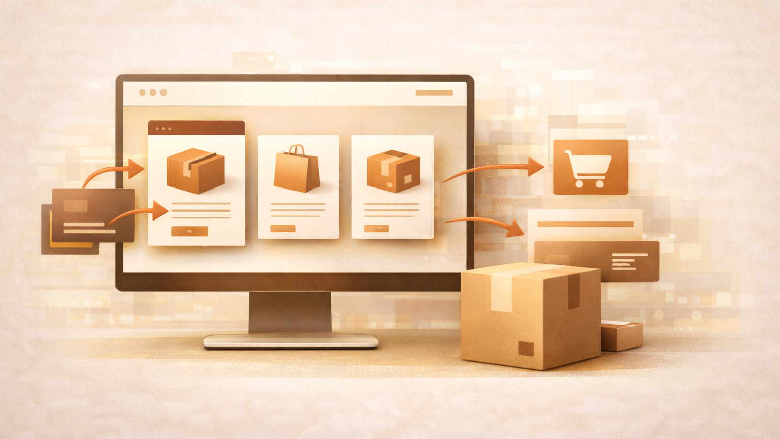 webdesign-webshop Illustration eines professionellen Webshops mit Produktdarstellung, Warenkorb und Verkaufsprozess in Braun- und Kupfertönen